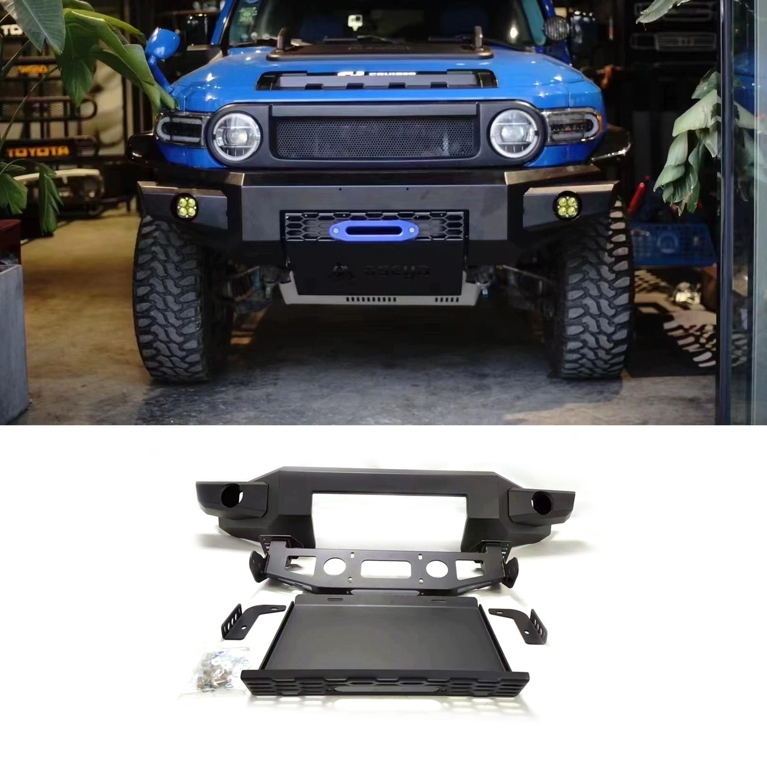 Winch Bumper Mount Plate - Textured black front bumper with winch